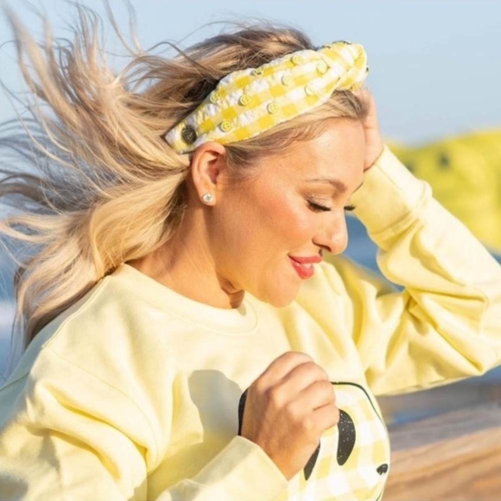 Living Fully Co Mallory Ervin Headband Hair Accessory Gingham Smiley Face Yellow